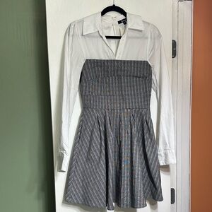 White and Gray Plaid Dress with Shirt Collar